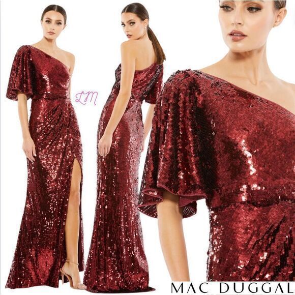 Mac‎ Duggal 93540 One Shoulder Sequin Column Gown Burgundy Red Metallic Size 10